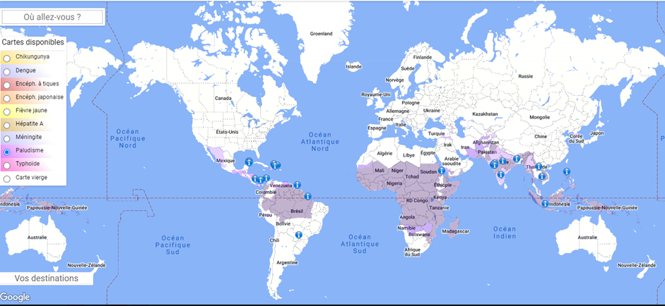 Carte du monde représentant les pays touchés par le paludisme 